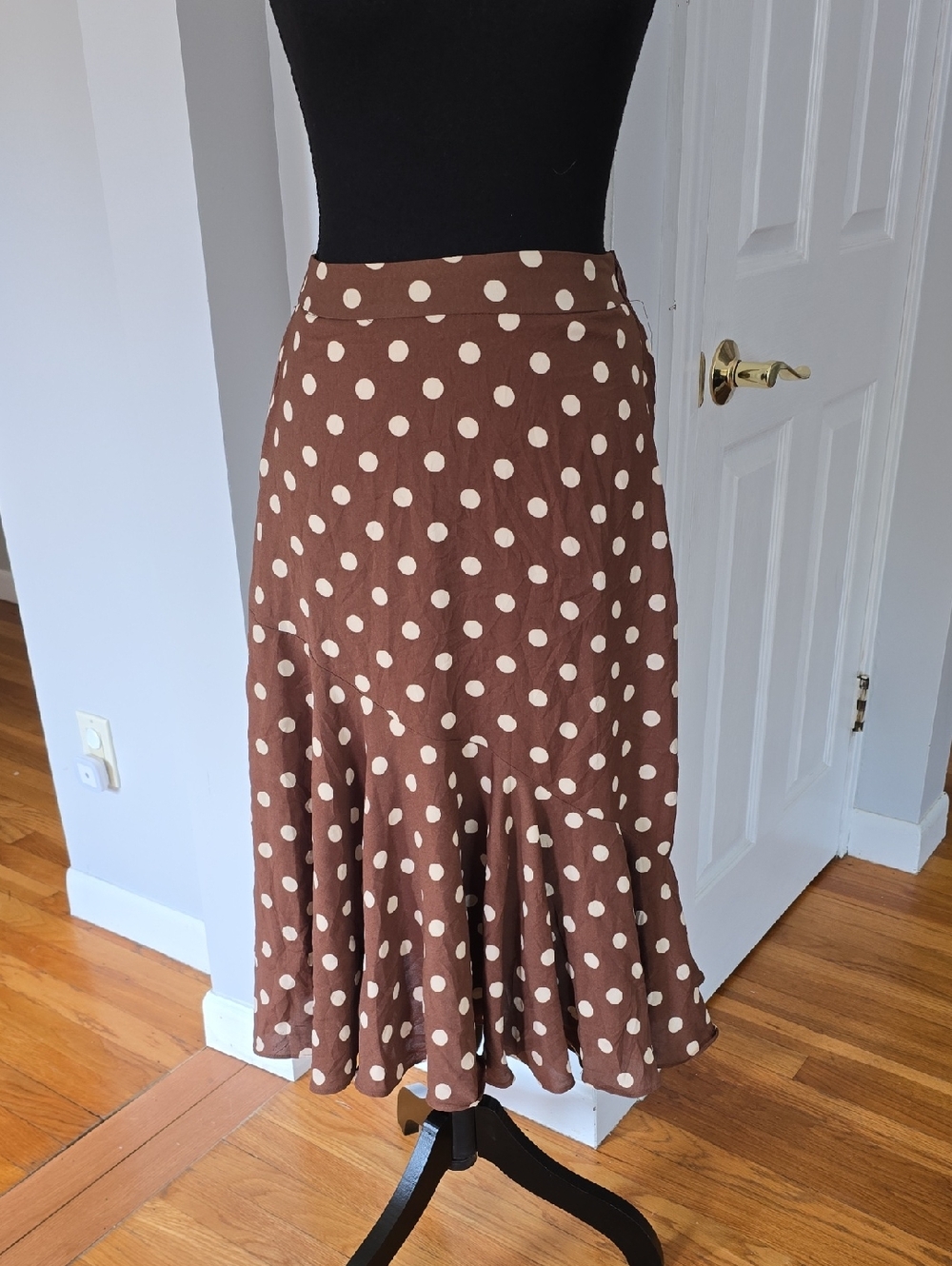 Brown Polka Dot Flounce Midi Skirt